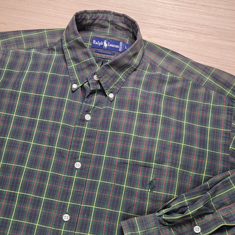 Ralph Lauren Men's Green Plaid Button Down Shirt Long Sleeve Cotton Size L - Picture 1 of 8